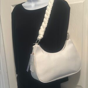 White Shoulder Bag with Braided Strap and Textured Material